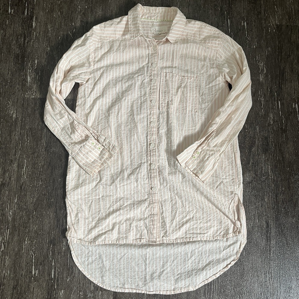 Anthropologie Striped‎ Top Size XS Peach White Oversized Button Down Embroidered